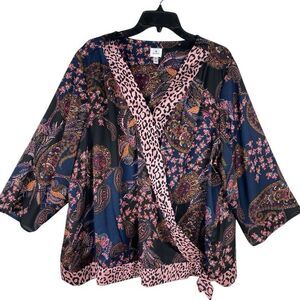 Dress‎ Barn Womans 3X Kimono Top Floral Artsy Purple Lagenlook Satin Work Wear